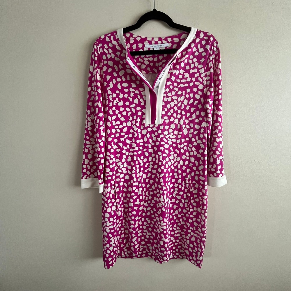 Diane von Furstenberg Silk Dress Sz 8 Magenta White Spotted Print Contrast Trim